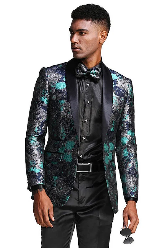 Men's Slim Fit Shawl Lapel Paisley Floral Prom Tuxedo in Turquoise & Navy Blue Lumberjack Lumberjack