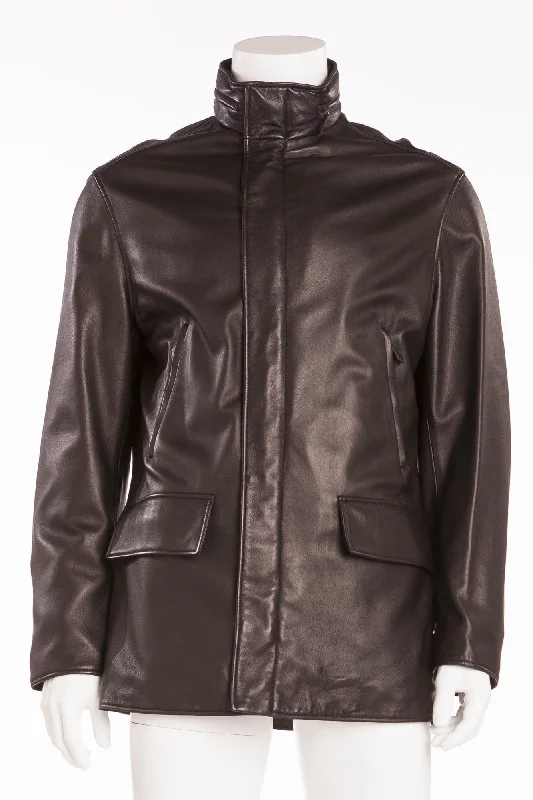 Authentic Hermes - Black Leather Zip Up Jacket - IT 54 Unique Men's Patch Unique Men's Patch