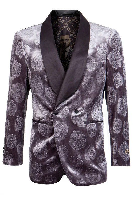 Men's Double Breasted Floral Rose Print Velvet Smoking Jacket in Grey Practical Men's Multi Practical Men's Multi