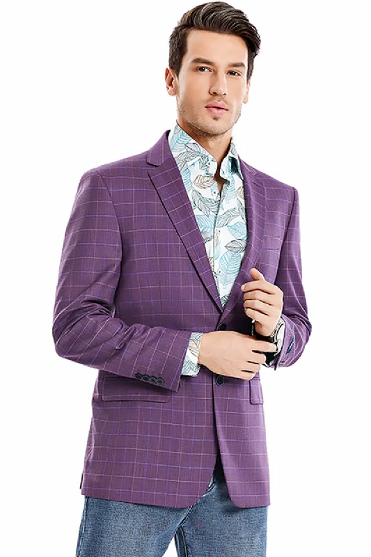 Men's Two Button Regular Fit Windowpane Plaid Sport Coat Blazer in Magenta Luxurious Men's High Luxurious Men's High