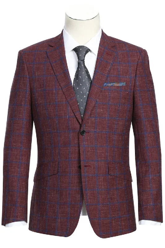 Mens Slim Fit Two Button Wool Sport Coat Blazer in Burgundy & Blue Windowpane Plaid Adventure Adventure