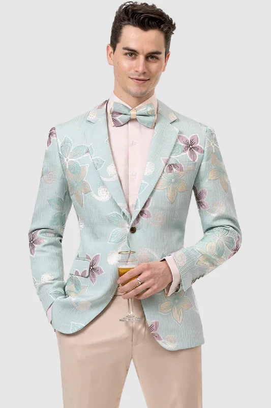 Mens One Button fashion Flower Print Blazer in Aqua Teal Blue Sharp Men's Italian Sharp Men's Italian