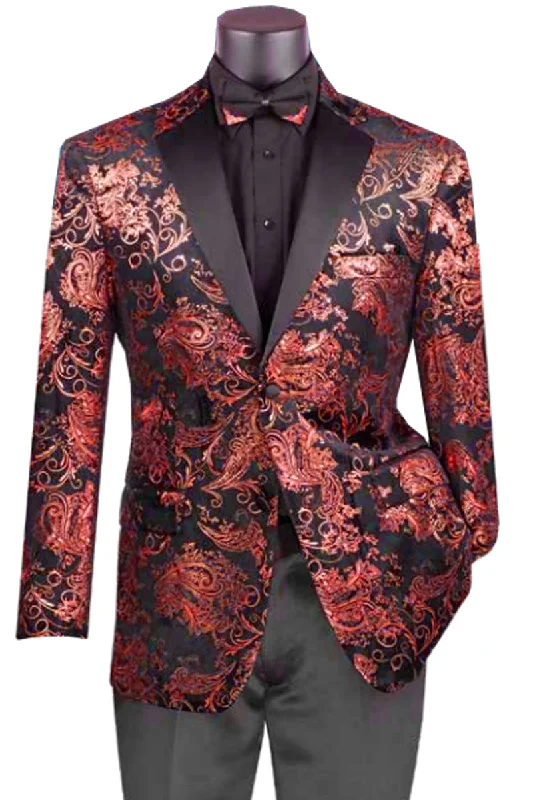 Mens Paisley Velvet Foil Smoking Jacket Tuxedo in Red Hip Men's Urban Hip Men's Urban