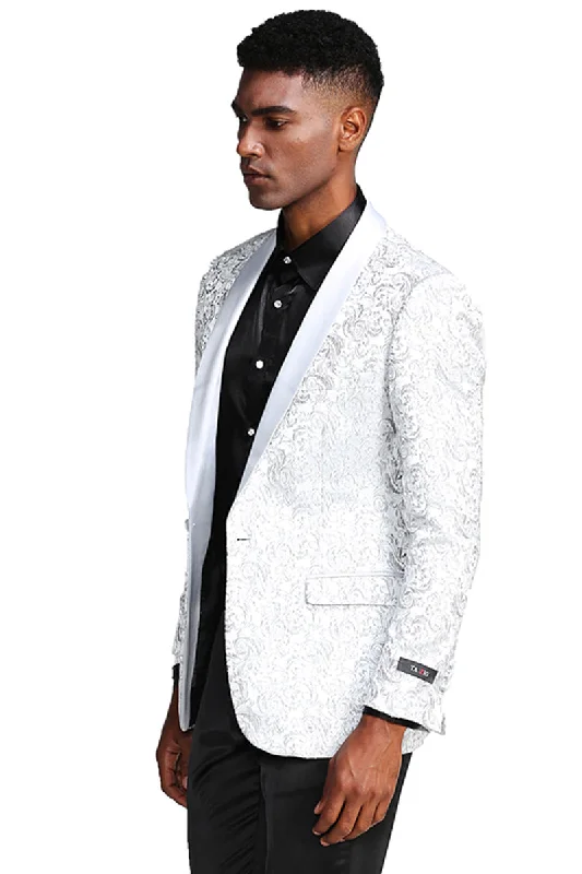 Men's Slim Fit Wedding & Prom Tonal Paisley Tuxedo Jacket in White Masculine Men's Thick Masculine Men's Thick