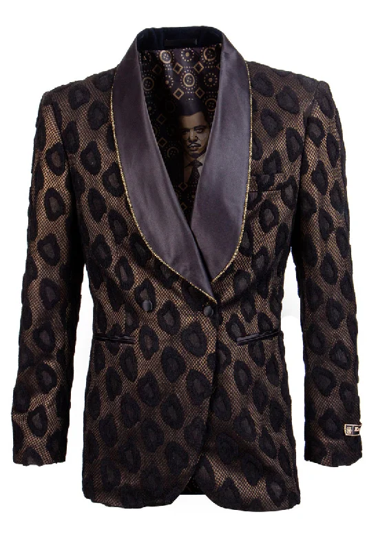 Men's Double Breasted Cheetah Print Tuxedo Dinner Smoking Jacket in Black & Gold Vacation Vacation