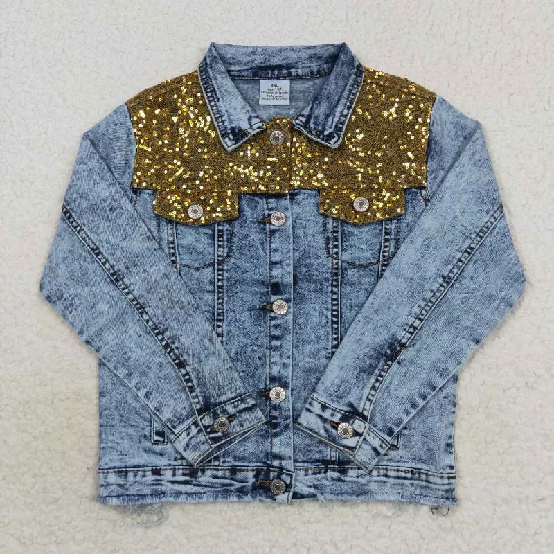 GT0351 Sequin  Blue Girls Denim Jacket Street Street