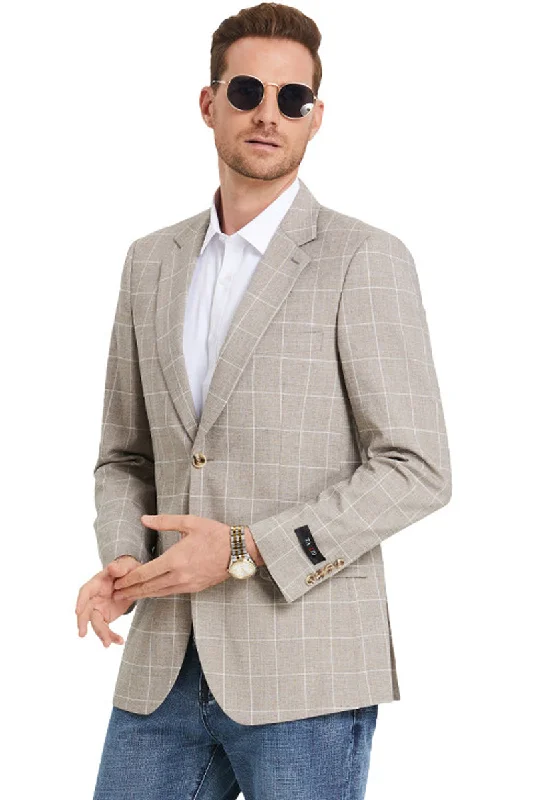 Men's Slim Fit Business Casual Summer Windowpane Plaid Suit in Light Tan British Gentleman Style British Gentleman Style