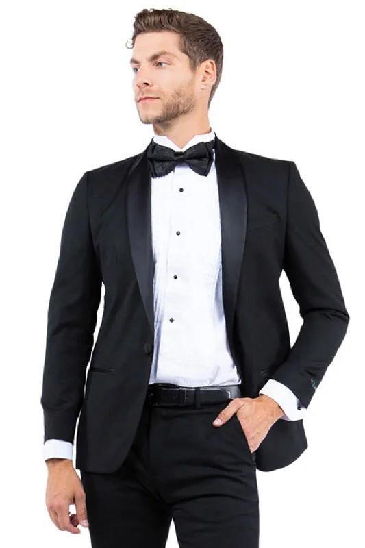 Men's Modern Fit One Button Shawl Lapel Tuxedo Separates Jacket in Black Polished Men's Silk Polished Men's Silk