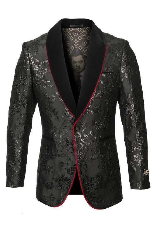 Men's Velvet Shawl Lapel Paisley Prom Tuxedo Jacket in Black with Red Trim Elegant Men's Formal  Elegant Men's Formal 