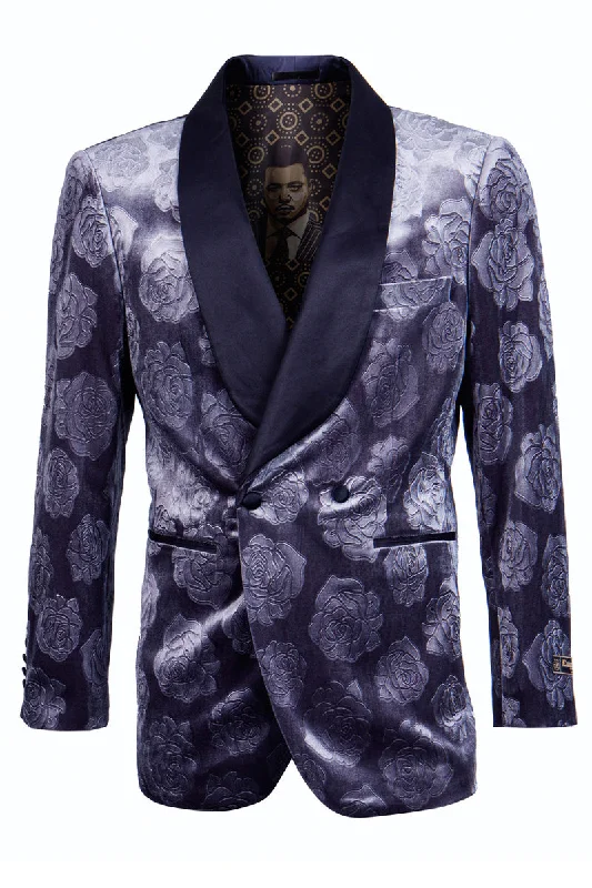 Men's Double Breasted Floral Rose Print Velvet Smoking Jacket in Blue Hip Men's Urban Hip Men's Urban