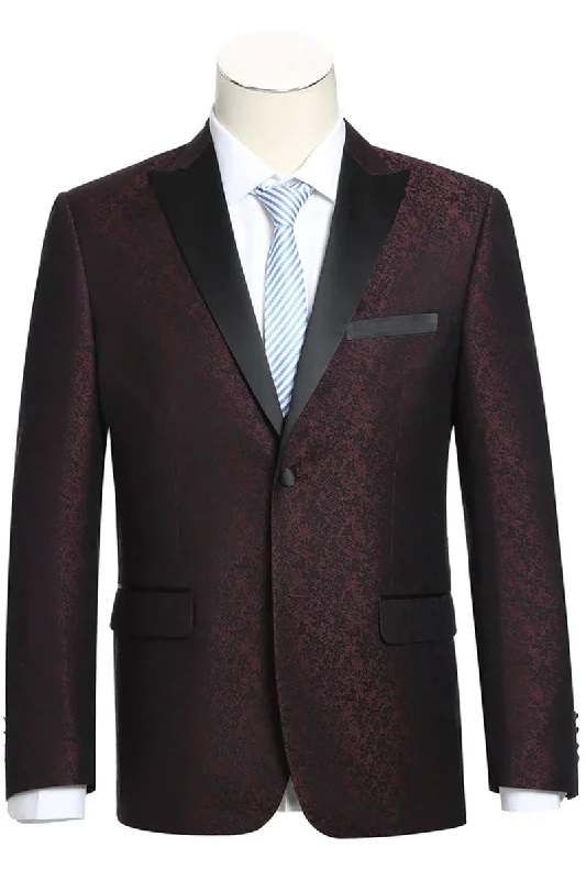 Mens Two Button Peak Lapel Paisley Prom Tuxedo Blazer in Burgundy Youthful Men's Anime Youthful Men's Anime