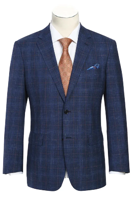 Mens Classic Fit Two Button Wool & Linen Sport Coat Blazer in Blue Windowpane Plaid Beach Beach