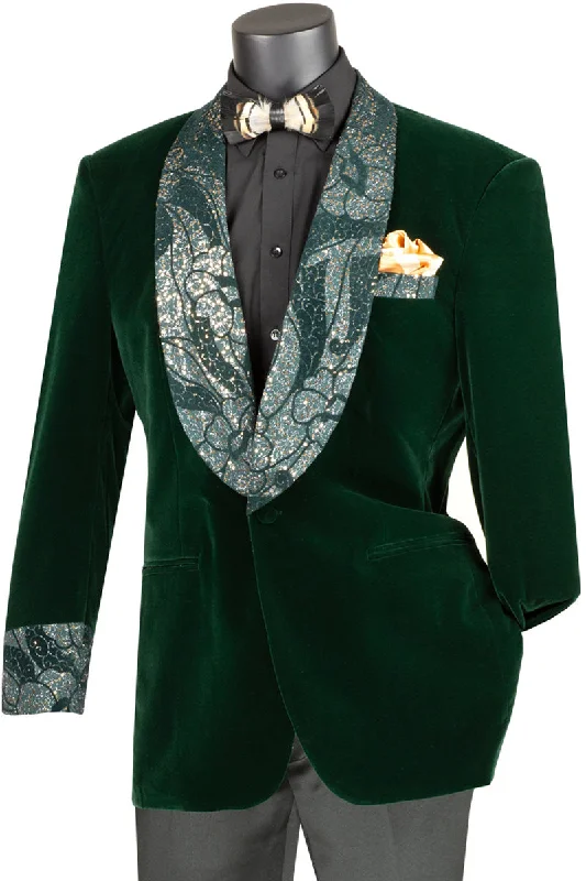 Mens Velvet Prom Smoking Jacket with Fancy Paisley Glitter Lapel and Cuff in Emerald Hunter Green Masculine Men's  Masculine Men's 