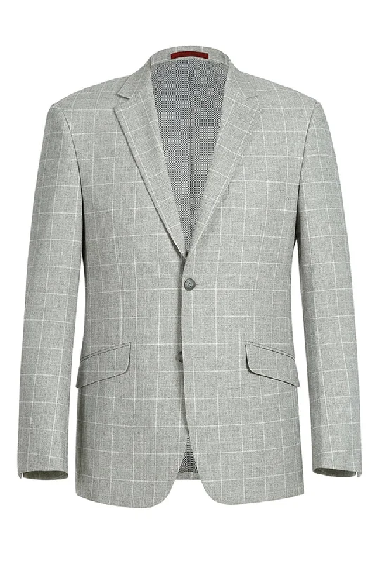 Mens Two Button Slim Fit Sport Coat Blazer in Light Grey Ash Windowpane Plaid Elegant Men's Cashmere Elegant Men's Cashmere