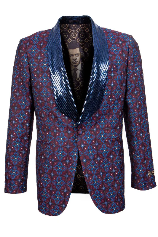 Men's Morrocan Print Tuxedo Jacket with Sequin Lapel in Blue & Red Artistic Men's Hand Artistic Men's Hand