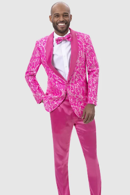 Mens Slim Fit Two Piece Brocade Paisely Prom Tuxedo in Hot Pink Fuschia Gym Gym