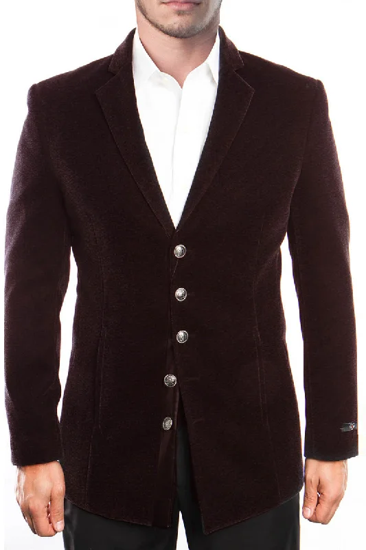 Men's Five Button Vintage Style Velvet Coat in Burgundy Sleek Men's Contemporary  Sleek Men's Contemporary 