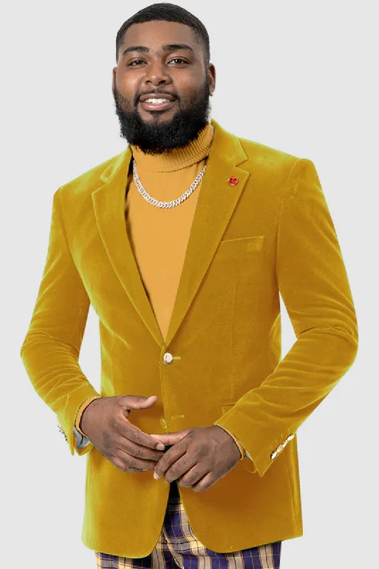 Mens Two Button Modern Fit Velvet Blazer in Mustard Unique Men's Patch Unique Men's Patch