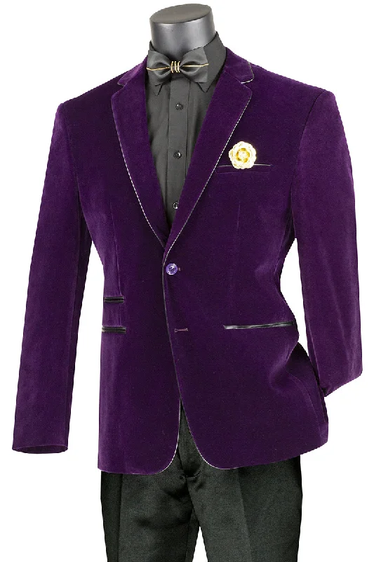 Mens 2 Button Velvet Blazer in Purple with Black leather Piping Trim Sleek Men's Metallic Sleek Men's Metallic