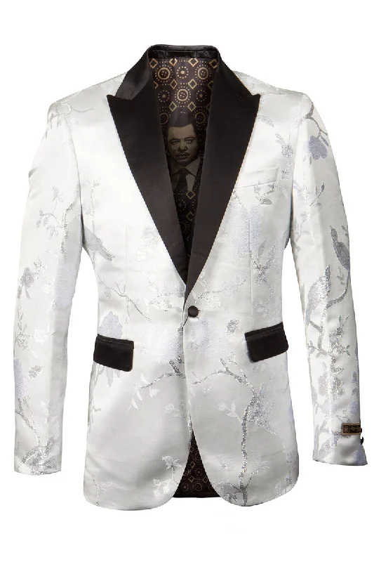 Men's Shiny Floral Satin Print Prom & Wedding Tuxedo Jacket in White & Silver Refined Men's Hand Refined Men's Hand