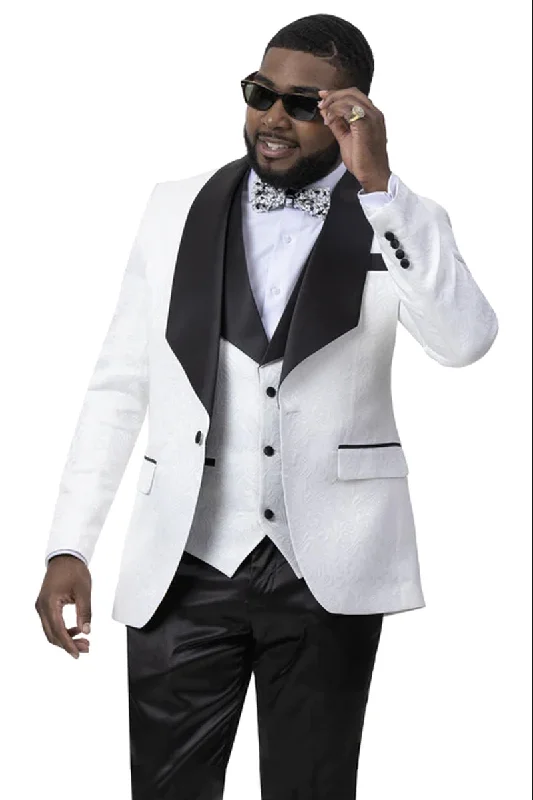 Mens Vested Square Shawl Paisley Prom & Wedding Tuxedo Jacket & Vest in White & Black Streetwear Style Streetwear Style