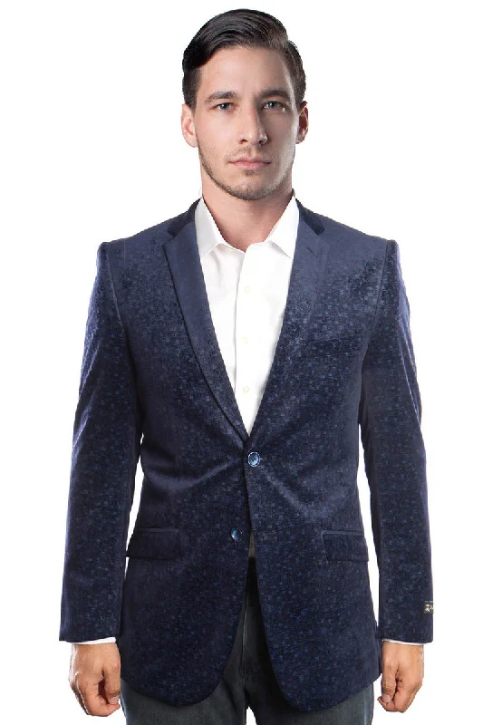 Men's Two Button Weave Pattern Velvet Blazer in Navy Blue Rugged Men's Outdoor  Rugged Men's Outdoor 