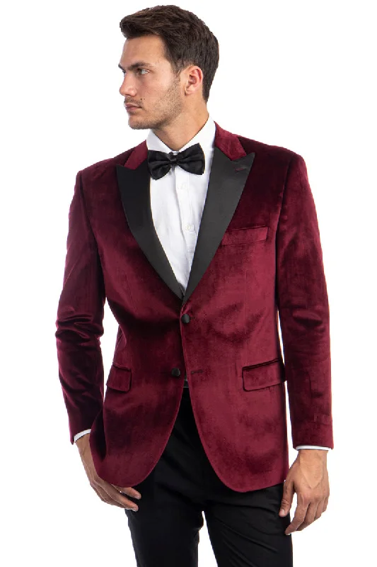 Men's Two Button Peak Lapel Velvet Wedding & Prom Tuxedo Jacket in Burgundy Cool Men's Distressed Cool Men's Distressed