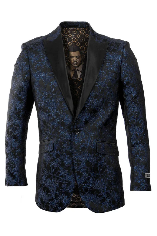 Men's One Button Navy Blue Floral Print Prom Tuxedo Blazer Athletic Men's Compression Athletic Men's Compression