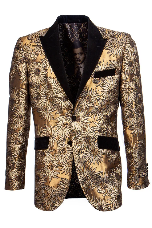 Men's Foil Satin Sunflower Print Tuxedo Jacket in Yellow Gold Tough Men's Tactical Tough Men's Tactical