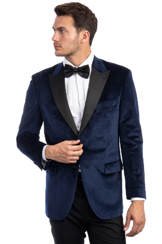 Men's Two Button Peak Lapel Velvet Wedding & Prom Tuxedo Jacket in Navy Blue Traditional Men's Wool Traditional Men's Wool