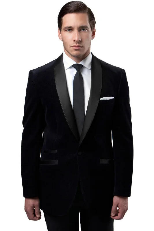 Men's One Button Velvet Shawl Collar Tuxedo Jacket in Black Sleek Men's Contemporary  Sleek Men's Contemporary 