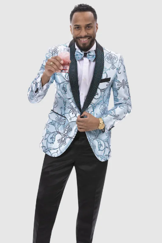 Mens Wide Brocade Pattern Prom Tuxedo Dinner Jacket in Aqua Blue Artistic Men's Avant Artistic Men's Avant