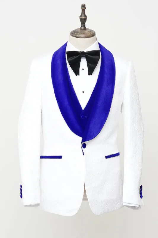 Men's Vested White Paisley Wedding & Prom Tuxedo with Royal Blue Velvet Lapel Refined Men's Hand Refined Men's Hand