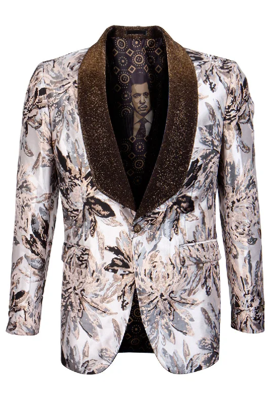 Men's Safari Print Velvet Glitter Shawl Tuxedo Jacket in Tan Relaxed Men's Beach Relaxed Men's Beach