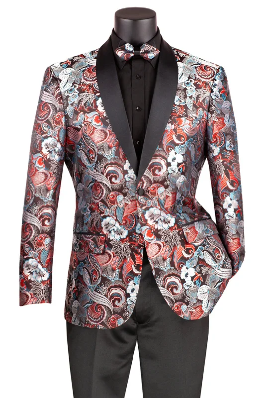 Men's Modern Fit Japanese Paisley Print Tuxedo Jacket in Burgundy Edgy Men's Punk Edgy Men's Punk