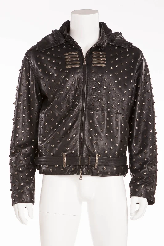 Gianfranco Ferre - Black Leather Screw Embellishment Zip Up Jacket - IT 54 Lumberjack Lumberjack