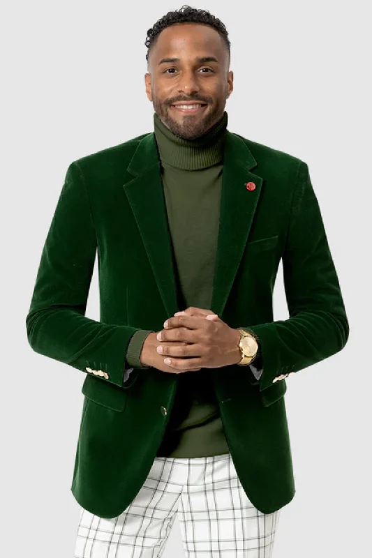 Mens Two Button Modern Fit Velvet Blazer in Hunter Green Laid Laid