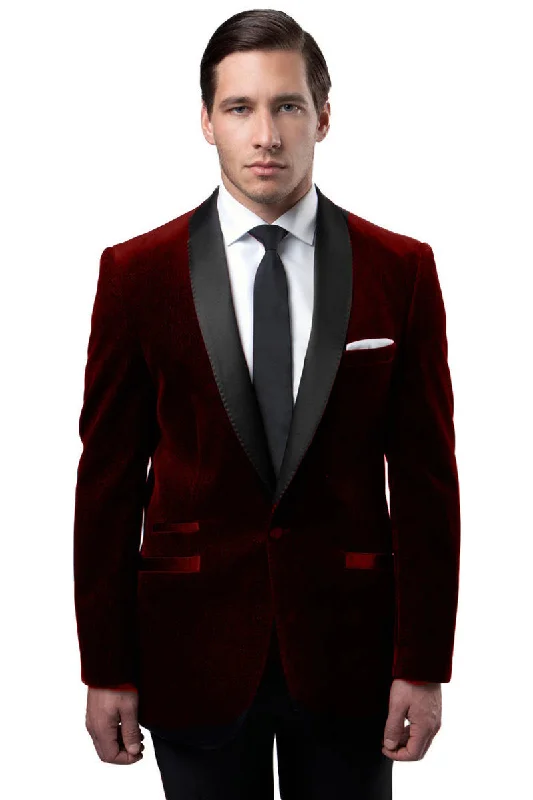 Men's One Button Velvet Shawl Collar Tuxedo Jacket in Burgundy Casual Men's Japanese  Casual Men's Japanese 