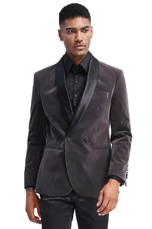 Men's Slim Fit Double Breasted Velvet Smokin Jacket in Grey Luxurious Men's High Luxurious Men's High