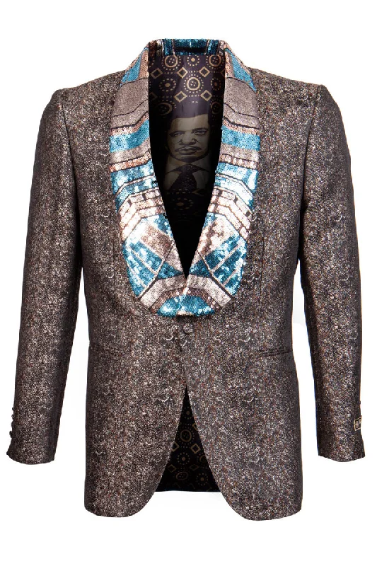 Men's Shiny Metallic Print Tuxedo Jacket with Egyptian Design Sequin Lapel in Brown Refined Men's Velvet Refined Men's Velvet