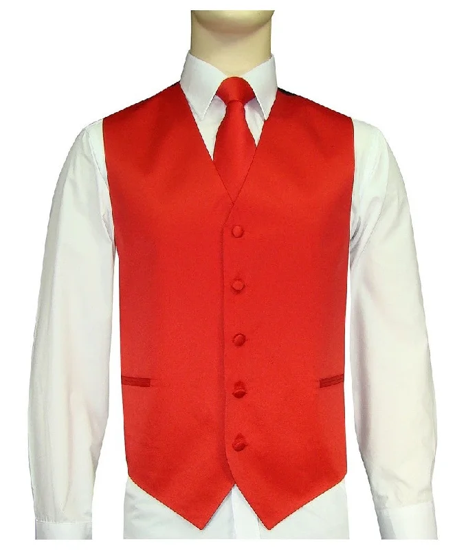 Men's Satin 10-1 Solid Vest, Tie & Hanky - Red Sleek Men's Contemporary  Sleek Men's Contemporary 