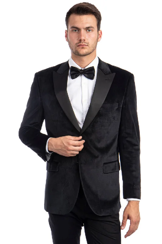 Men's Two Button Peak Lapel Velvet Wedding & Prom Tuxedo Jacket in Black Streetwear Style Streetwear Style