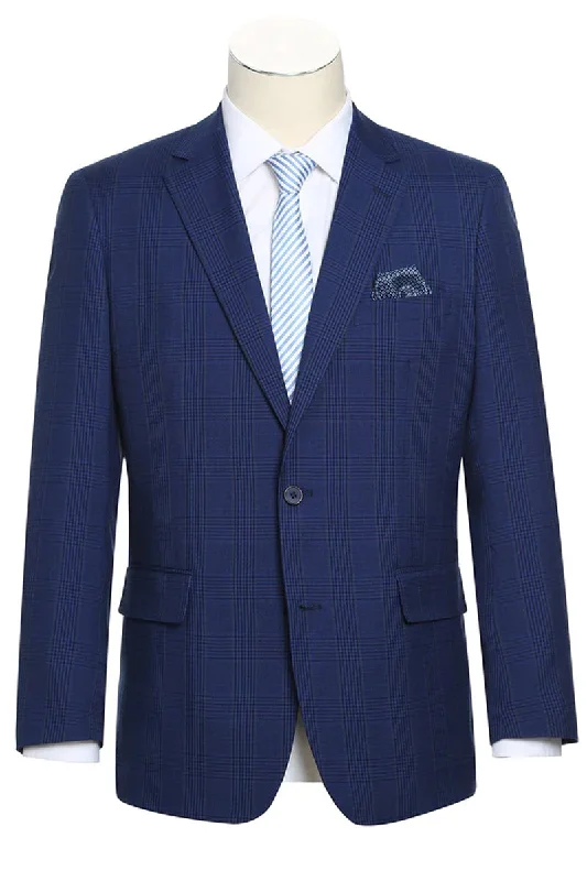 Mens Two Button Classic Fit Sport Coat Blazer in Dark Navy Blue Windowpane Plaid Bohemian Men's Free Bohemian Men's Free