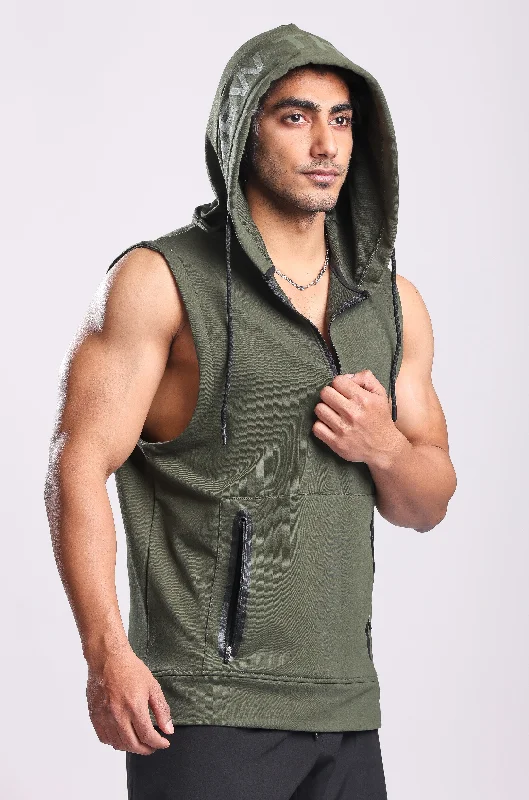 Athletic Training Sleeveless Hoodie- Olive Stylish Men's Tropical  Stylish Men's Tropical 