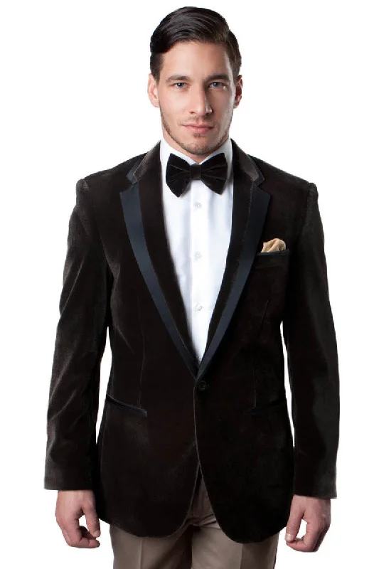 Men's One Button Velvet Tuxedo Blazer in Brown with Black Satin Trim Sharp Men's Italian Sharp Men's Italian