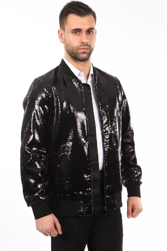 Men's Shiny Sequin Bomber Jacket in Black Traditional Men's Wool Traditional Men's Wool