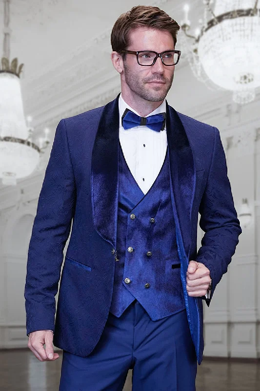 Men's Tonal Paisley Wedding & Prom Tuxedo with Velvet Lapel & Vest in Sapphire Blue Cozy Men's Sherpa Cozy Men's Sherpa