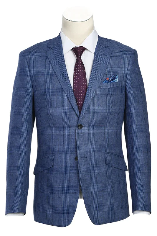 Mens Slim Fit Two Button Summer Linen Sport Coat Blazer in Navy Blue Windowpane Plaid Sleek Men's Contemporary  Sleek Men's Contemporary 