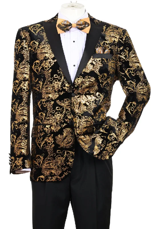 Men's Modern Fit Velvet Floral Paisley Foil Tuxedo Jacket in Gold & Black Masculine Men's Thick Masculine Men's Thick