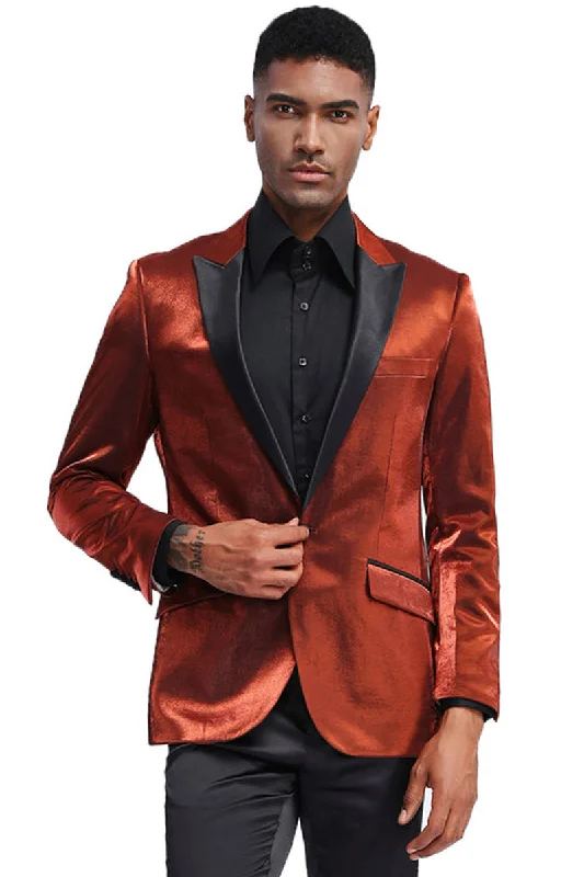 Men's Slim Fit Shiny Satin Prom & Wedding Tuxedo Jacket in Rust Trendy Men's Bucket Trendy Men's Bucket